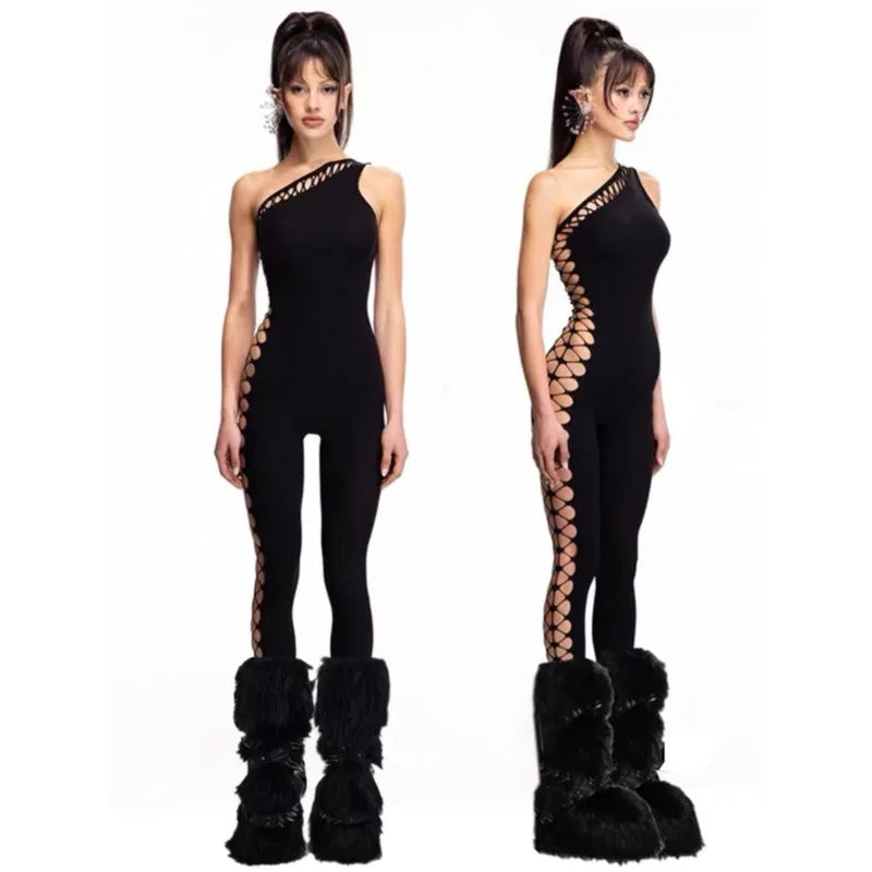 Sexy Streetwear Slanted Shoulder Hollow Sleeveless Jumpsuit Hot Girls Tight Fitting Slimming Bottom Jumpsuit Punk Personality